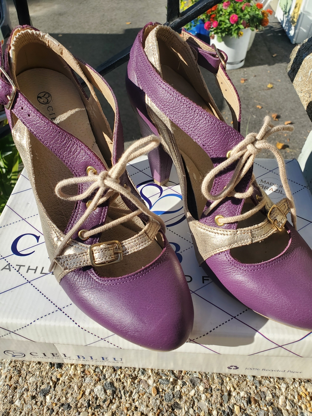 Purple and Gold Lace-Up Ankle-Strap Heels